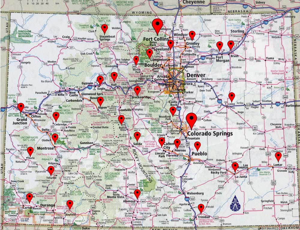 Map of colorado that includes Aspen, Grand Junction, Corter, Bayfield, Buena Vista, Vail, Steamboat Springs, Eagle , Fort Morgan, Limon, Lamar, and Trinidad. 