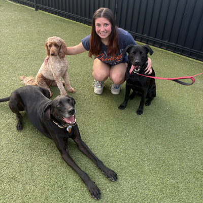 A smiling woman crouches on artificial grass with three dogs—two black dogs and a curly-haired tan dog—in an outdoor fenced area.
