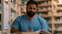 Man in blue scrubs looking at paper 