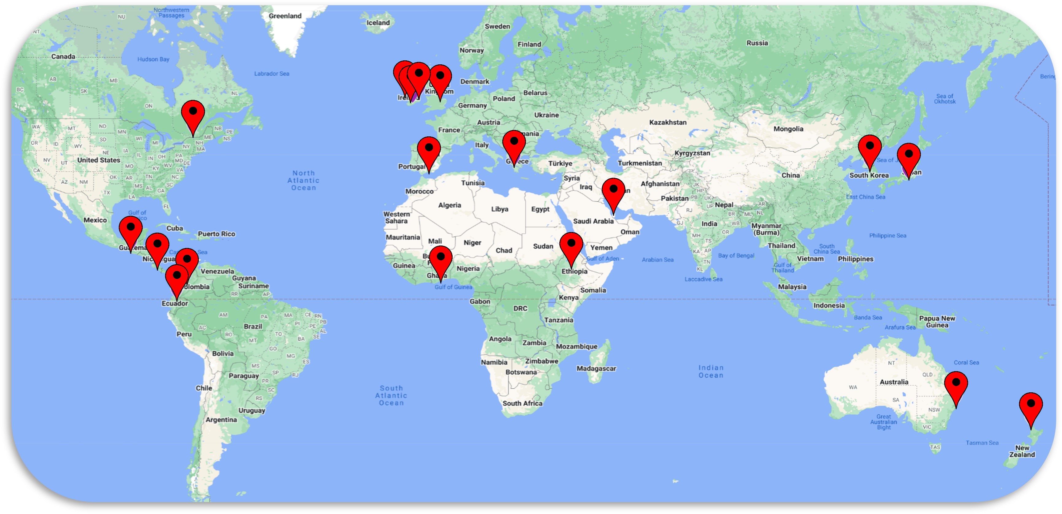 A map of places that the Office of Experiential Programs has had international rotations in the past.