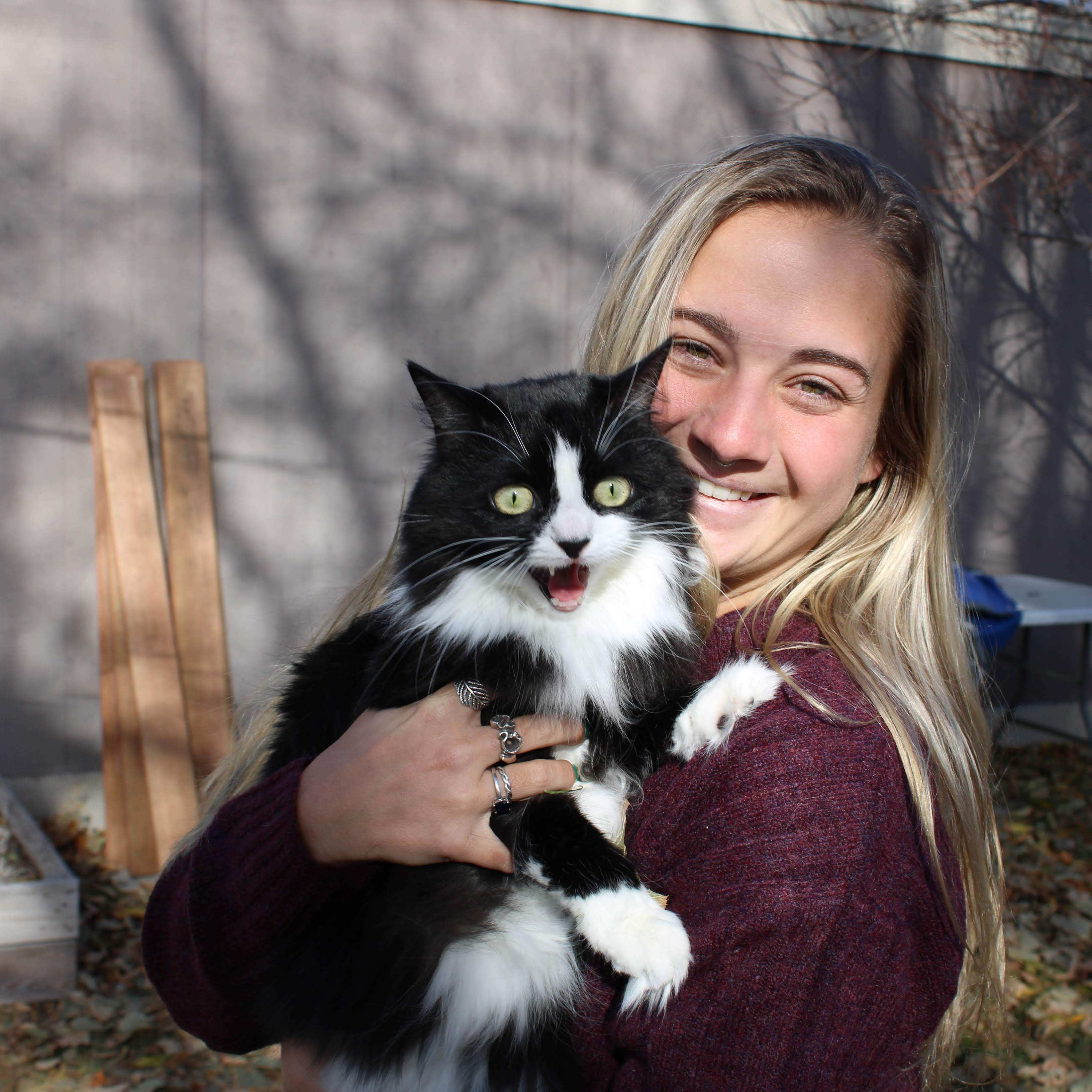 Girl holding cat with bright green eyes