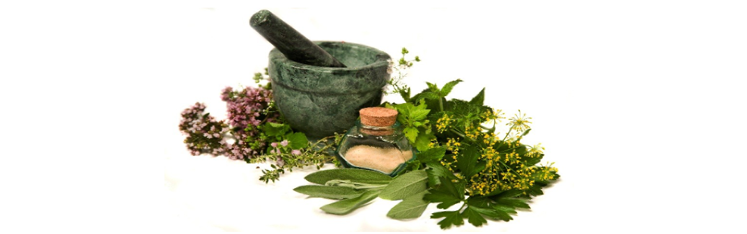Mortar and pestle with herbs and flowers.